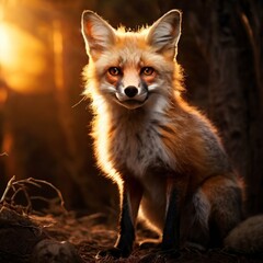 Fototapeta premium A majestic red fox stands alert in a forest at golden hour, its fur illuminated by the warm, golden sunlight filtering through the trees. The fox's intense gaze and detailed fur capture the wild