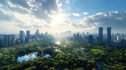 A panoramic view of the city bathed in sunshine, with a clear sky and fresh air, surrounded by green landscapes that beautifully complement the urban scene.