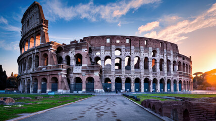 A photo of the Colosseum in Rome, Italy, at sunset. The ancient amphitheater is partially in ruins, with some sections missing. The stone structure is a mix of grey and orange hues