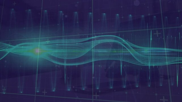 Animation of light trails and data processing on black background