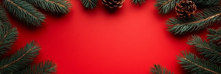 A festive Christmas scene with green pine branches and brown pine cones arranged along the edges of a vibrant red background, creating a holiday border. The composition symbolizes winter, nature