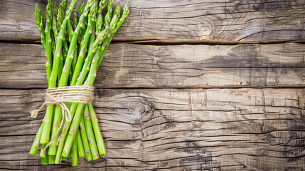 A bunch of fresh green asparagus, tied together with twine, resting on a wooden table with a rustic feel.