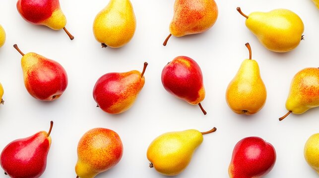 A flat lay photograph of red and yellow pears arranged in a repeating pattern on a white background. The pears are vibrant and fresh, symbolizing health, abundance, and the beauty of nature.