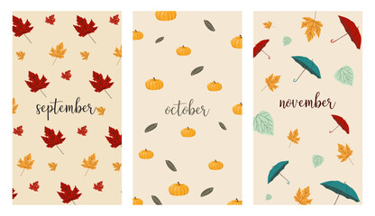 Social media template poster, patern with text autumn red, yellow leaves, blue ambrella, yellow pumpkins september, october, november on beige background for phones, wallpapers, background	