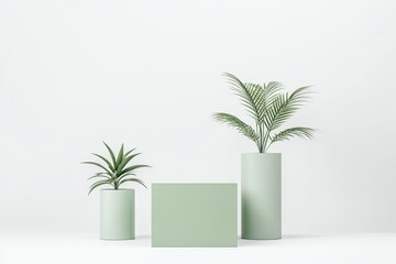 Three podiums, one square and two cylindrical, in muted green and white, adorned with potted plants, creating a modern, minimalist display perfect for showcasing products.