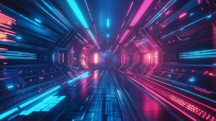 A futuristic, digital corridor illuminated by vibrant neon lights, symbolizing innovation, connectivity, virtual reality, technological advancement