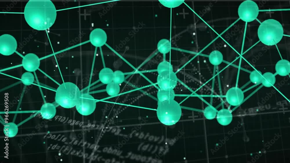 Poster animation of network of connections over data processing on black background