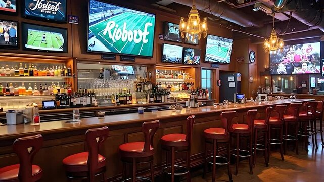 Sports Bar Interior with Multiple TVs Showing Games and a Long Bar with Stools