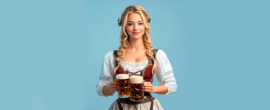 A beautiful young woman in traditional German dress holds a beer, smiling and looking at the camera on a light blue background with copy space for text, oktoberfest concept