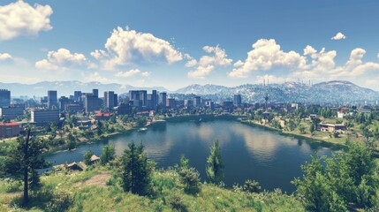 Fototapeta premium Beautiful city with a wide-lens perspective, under a clear sky with clean air, surrounded by nature, blending architectural beauty with environmental serenity.