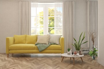 White living room with sofa and summer landscape in window. Scandinavian interior design. 3D illustration