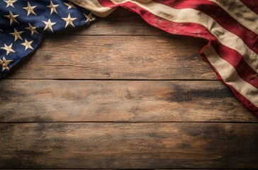 Tattered American flag draped over rustic wooden surface in soft natural light