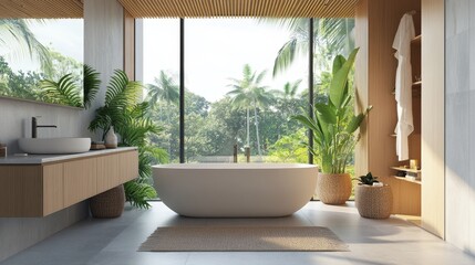 Fototapeta premium A luxurious modern bathroom with a freestanding tub, large window overlooking a tropical landscape, wooden accents, and green plants. The bathroom has a contemporary design with natural elements