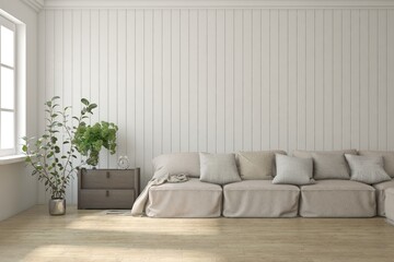 White living room with sofa. Scandinavian interior design. 3D illustration