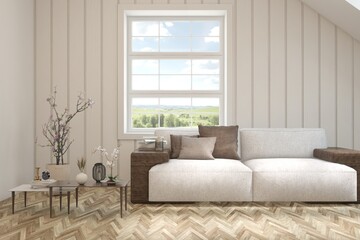 White living room with sofa and summer landscape in window. Scandinavian interior design. 3D illustration