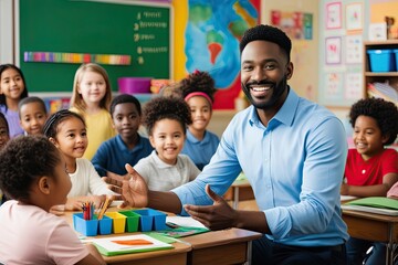 Inspiring Male Teacher Encouraging Creativity in a Diverse Elementary Classroom
