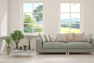 White living room with sofa and summer landscape in window. Scandinavian interior design. 3D illustration