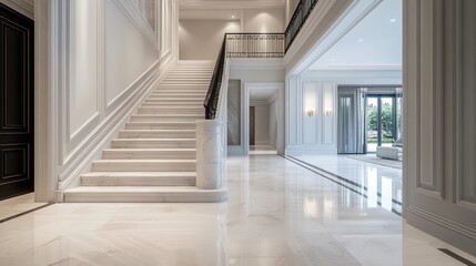 A luxurious grand hallway with a white marble staircase, gleaming polished floors, and intricate moldings. The space symbolizes elegance, opulence, and timeless design.