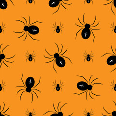 Black spiders on a orange background. Halloween seamless pattern. For backdrop, wrapping paper, fabric, wallpaper