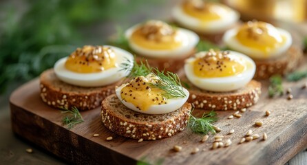 Decorative appetizer of soft-boiled eggs on toasted bread with herbs and seeds in a rustic setting