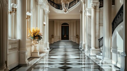 A majestic hallway with white marble pillars and a checkered black and white floor. Sunlight streams through the windows