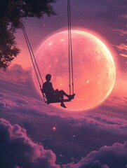 A man sits on a swing, swaying gently in front of a giant, glowing moon. The scene is set against a backdrop of fluffy clouds and a twinkling starry sky. The image symbolizes dreams, hope