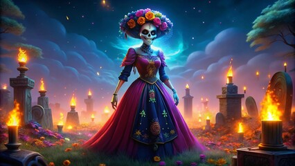 Fototapeta premium Catrina Figure Featuring a Colorful Dress Ideal for Celebrating the Day of the Dead
