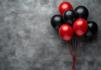 Colorful red and black balloons tied together against a textured gray background for celebrations