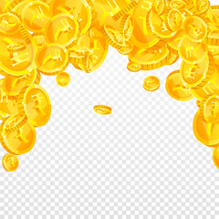 Indian rupee coins falling. Scattered gold INR