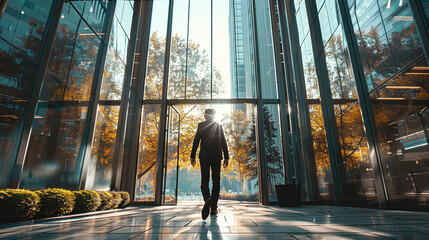 An investor walking confidently into a modern office building, representing real estate investment and financial success