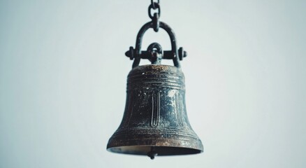 Obraz premium Rustic bronze bell hanging from a branch with blurred background of autumn leaves during daylight