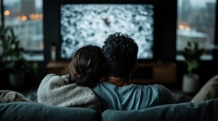 A couple is seen cuddling on a sofa while watching television. The setting is cozy with a view of a city through the windows, suggesting a relaxed evening together.