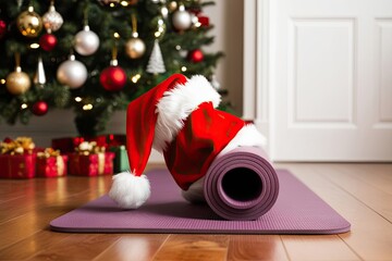 Obraz premium Yoga Mat with Santa Hat in a Decorated Home Inspiring Healthy Lifestyle and New Year Resolutions