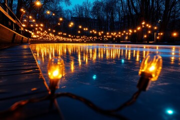 An outdoor skating rink lit by Christmas lights, with strings of lights crisscrossing overhead and casting reflections on the ice