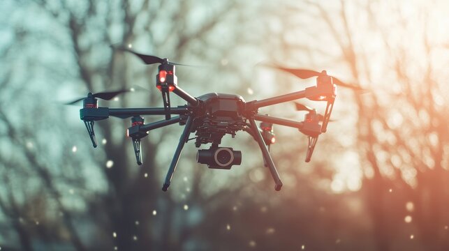 A modern drone with numerous sensors hovers in the air