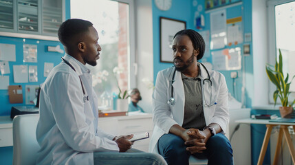 Obraz premium Black doctor consulting a patient in a well-lit, modern clinic, showing care and professionalism.