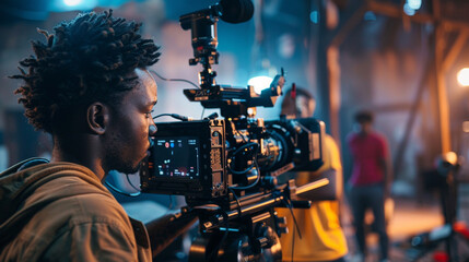 Black filmmaker behind a camera, directing a scene on a set with lights and crew in the background.