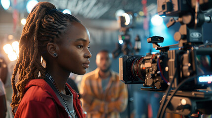 Black filmmaker behind a camera, directing a scene on a set with lights and crew in the background.
