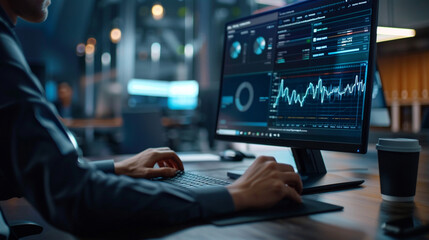 Businessperson typing on a high-end desktop in a modern office.