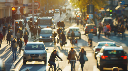 Fototapeta premium Busy urban street during morning rush hour with pedestrians, cars, and cyclists.