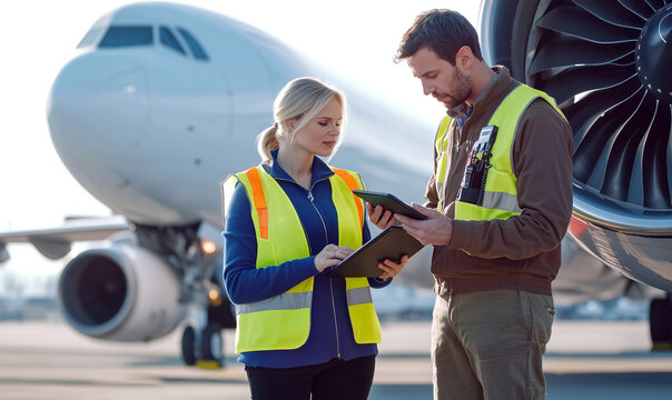 Technicians inspecting jet engine performance during pre-flight checks at an airport in daylight hours.