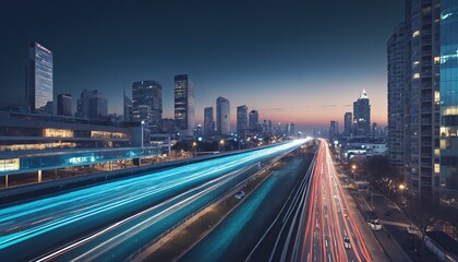 Fototapeta premium Neon lights car trails - urban scenario - illustration