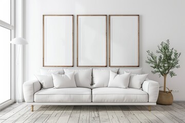 A white couch sits in a living room with three empty frames on the wall,generative ai image