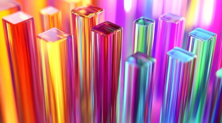 Obraz premium Colorful glass rods arranged in a vibrant pattern showcasing reflections and transparency