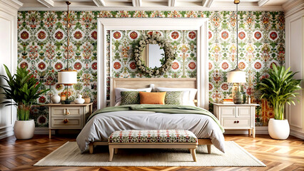 Bedroom interior in Bohemian style with patterned bed and floral corner, 3d render, white Mock up frame