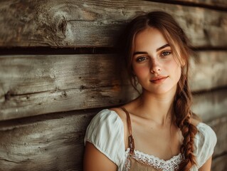 Fototapeta premium Woman in dirndl by rustic wooden wall