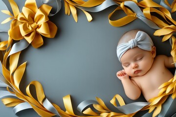 Gold bows intertwined with pastel-colored ribbons, creating a soft, sweet design on a birth card with space for the babyâ€™s photo