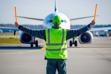 A ground crew staff in an airfield showing the signal to the aircraft for the parking direction. Generative AI.