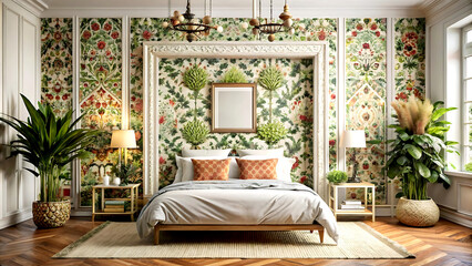 Bedroom interior in Bohemian style with patterned bed and floral corner, 3d render, white Mock up frame
