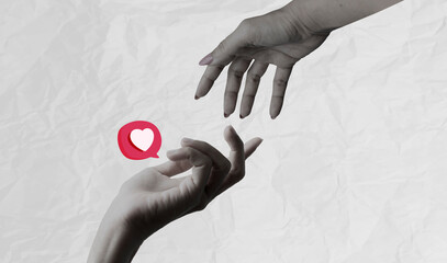 Social media creative concept hand open like love follower icon isolated on wrinkled paper background. Art collage digital pop modern art.